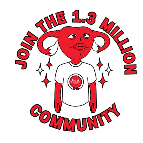 A red and white cartoon graphic with the text 'JOIN THE 1.3 MILLION COMMUNITY' around a stylized figure with a uterus-shaped head and a white T-shirt featuring a circular logo that reads 'Period Exploitation Free'.