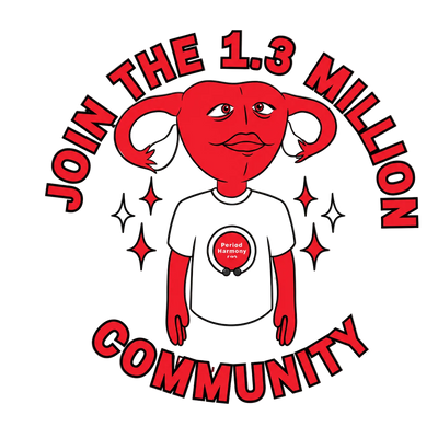 A red and white cartoon graphic with the text 'JOIN THE 1.3 MILLION COMMUNITY' around a stylized figure with a uterus-shaped head and a white T-shirt featuring a circular logo that reads 'Period Exploitation Free'.